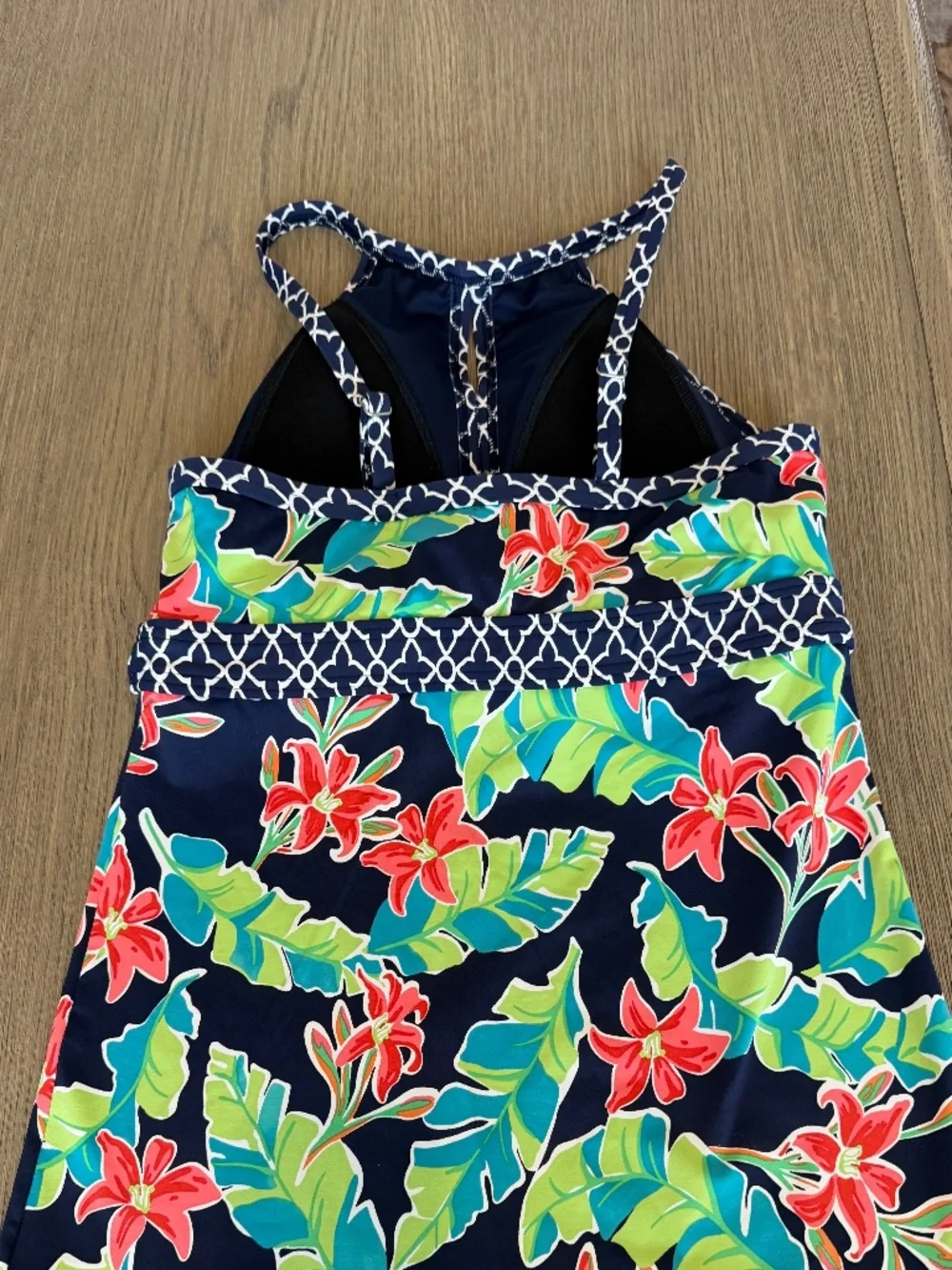 LANDS END Navy Tropical Flower Tankini Top Swim Vacation Beach Pool Womens 10